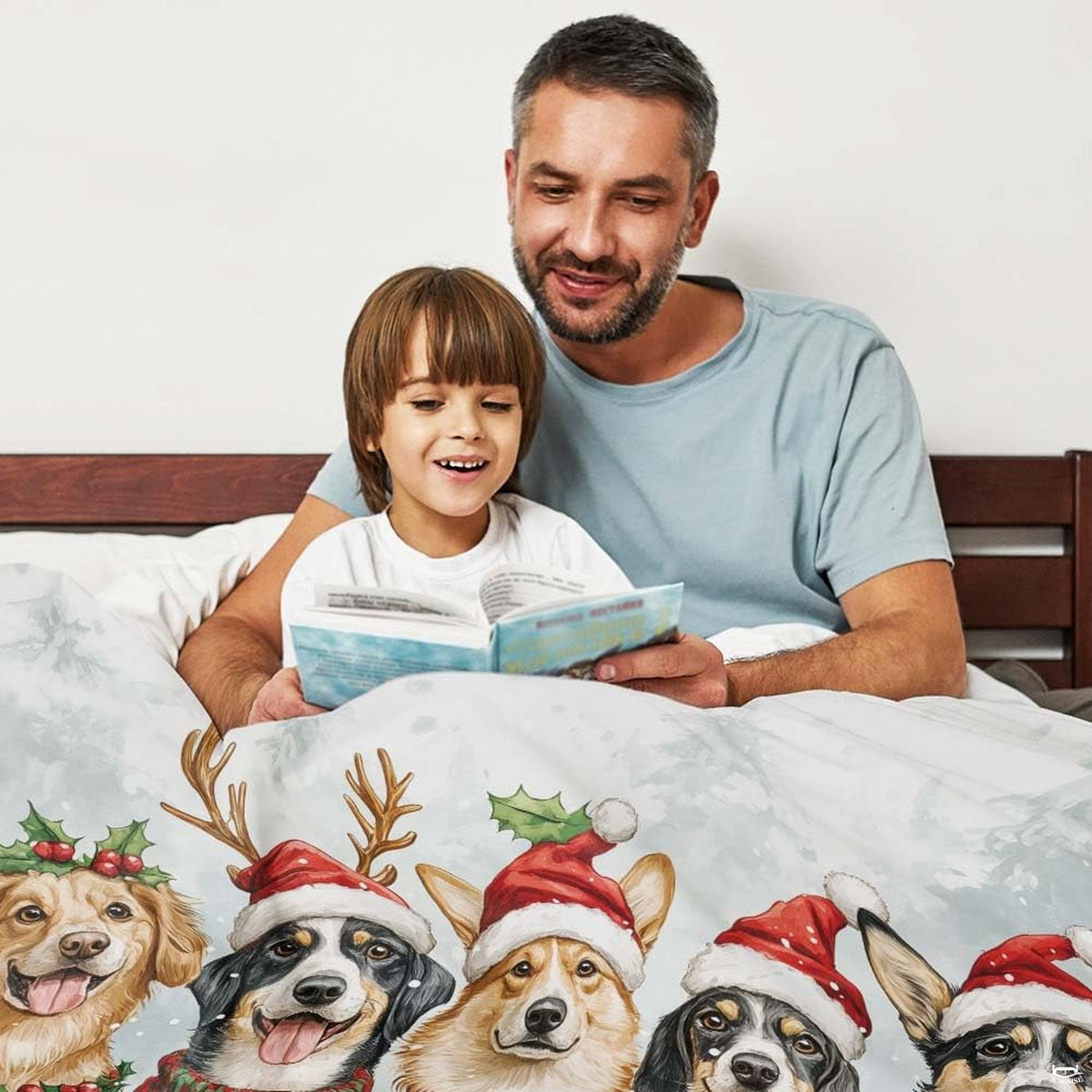 thematic accent bedroom aesthetic with Christmas dog bedding double accented by red and green holiday decor.