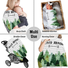 Four-panel visual displaying woodland tree graphic in stroller, feeding, swaddling, and burping setups.