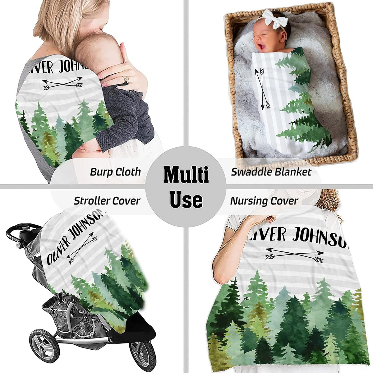 Four-panel visual displaying woodland tree graphic in stroller, feeding, swaddling, and burping setups.