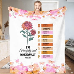 Fearfully and wonderfully made floral scripture blanket showing blooming dahlia and butterflies view 1