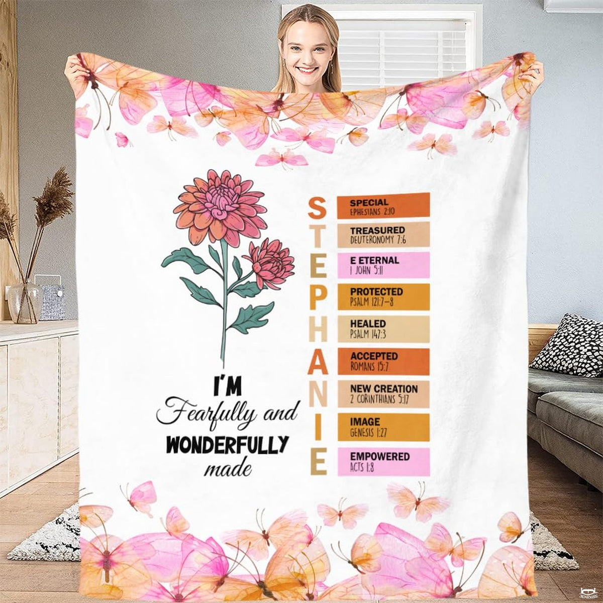 Fearfully and wonderfully made floral scripture blanket showing blooming dahlia and butterflies view 1