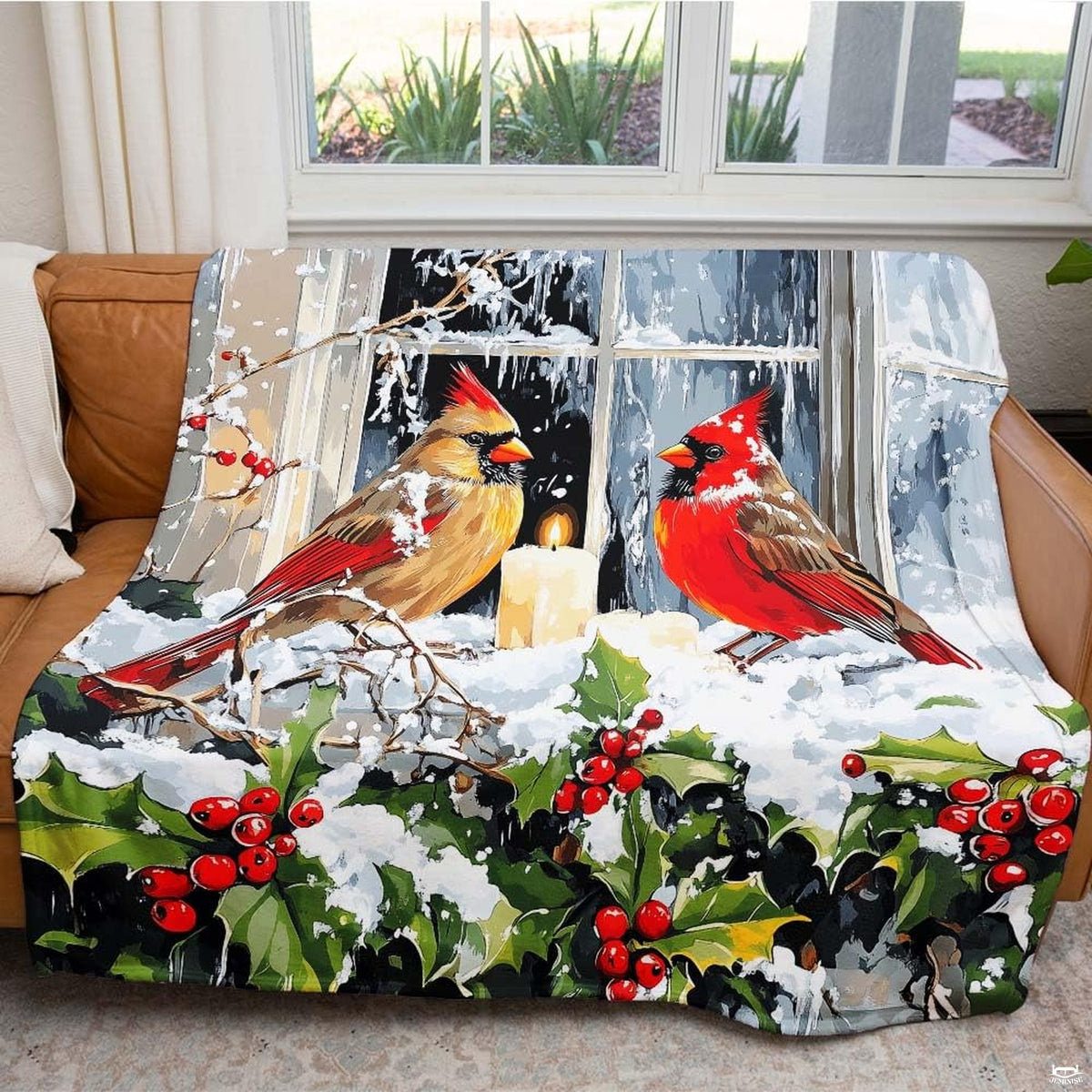 Full flat overhead view showing the complete winter cardinals and snowy windowsill painting.
