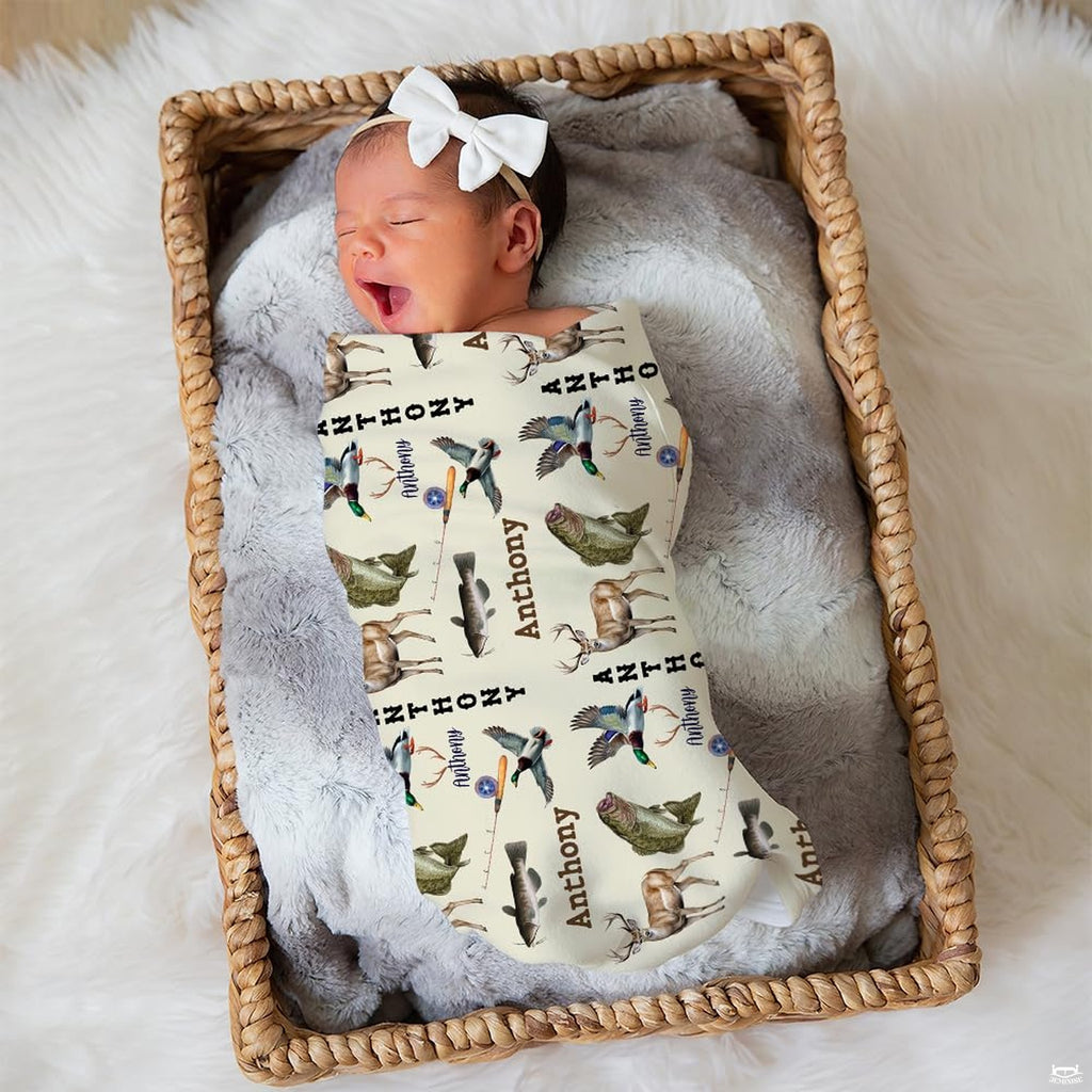 Rustic wildlife hunting and fishing throw blanket styled gently in a nursery woven basket