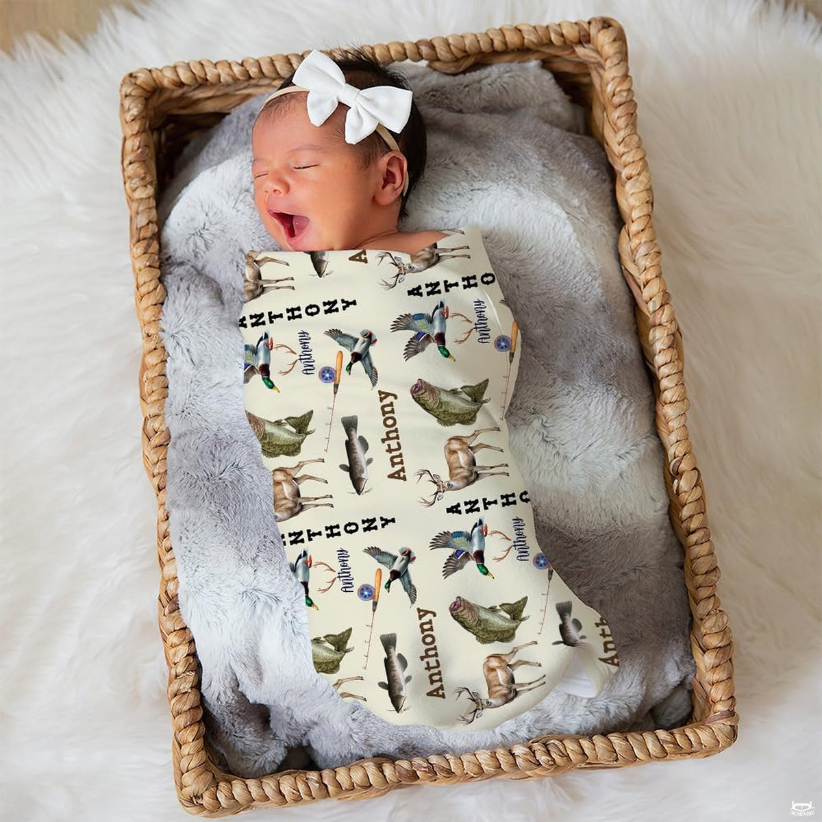 Rustic wildlife hunting and fishing throw blanket styled gently in a nursery woven basket