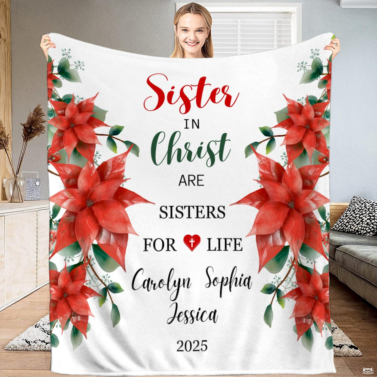 Red poinsettia floral holiday blanket displayed indoors.