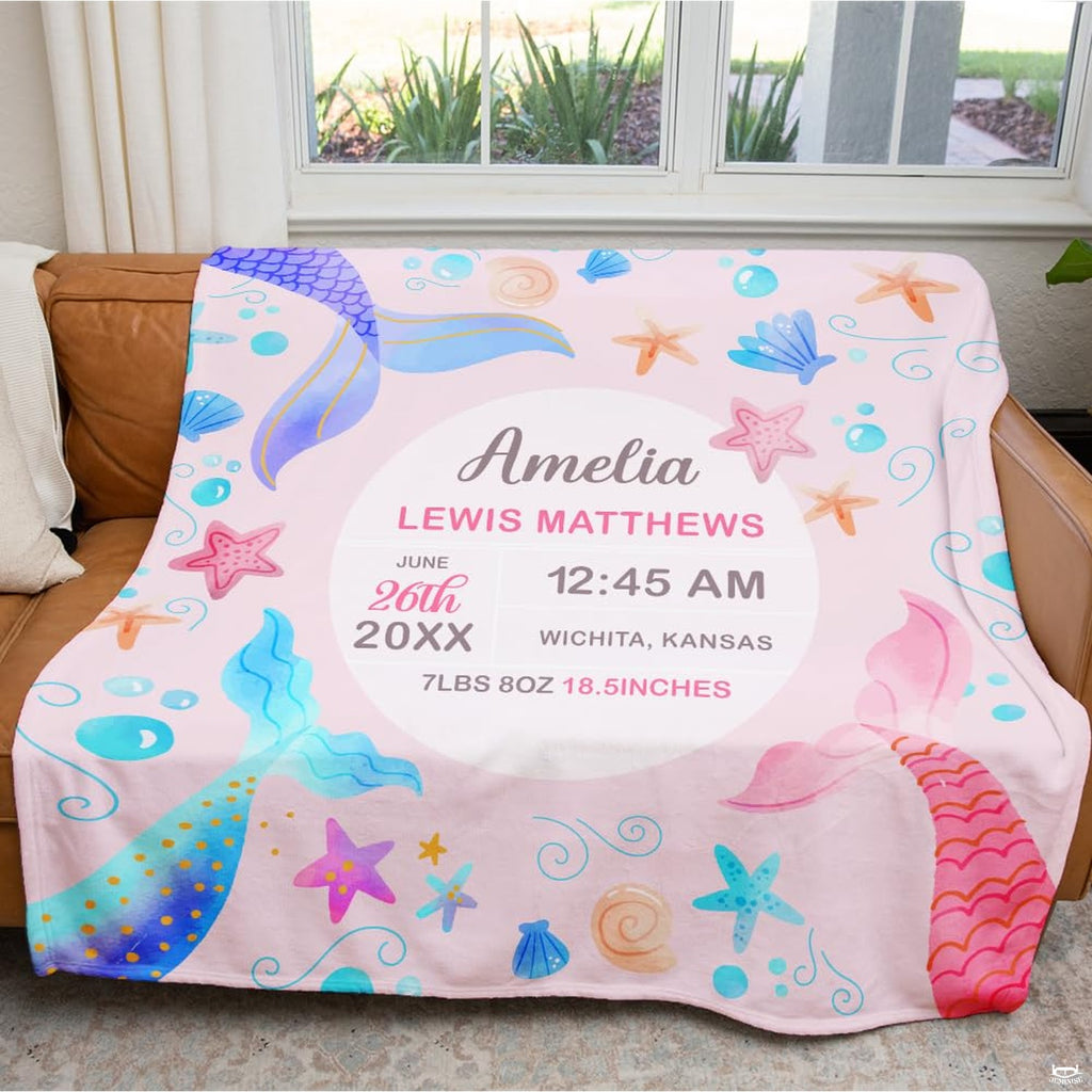Person holding pastel mermaid tails illustration design blanket