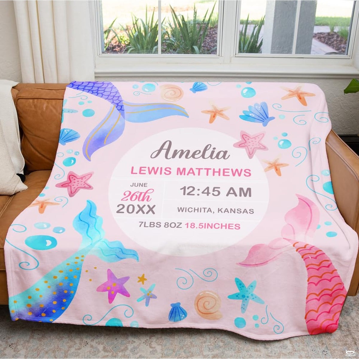 Person holding pastel mermaid tails illustration design blanket