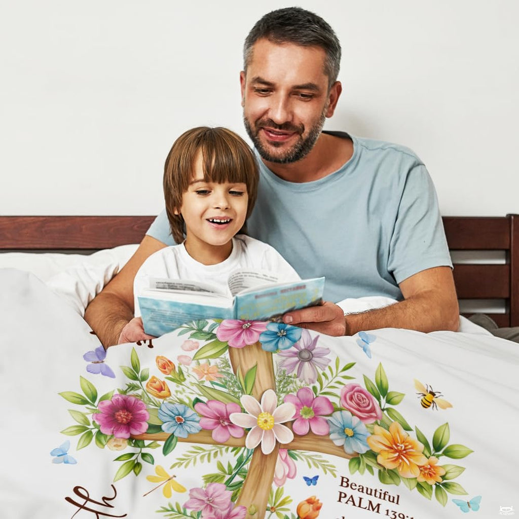 Full flat lay of the Christian floral cross faith blanket composition.