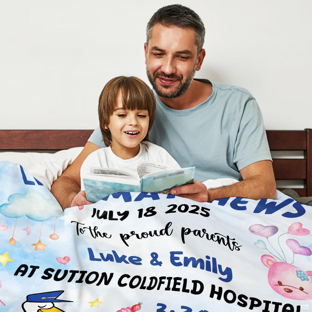 Pastel stork nursery milestone blanket draped comfortably during quiet family storytime reading.