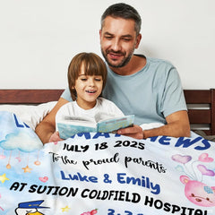 Pastel stork nursery milestone blanket draped comfortably during quiet family storytime reading.