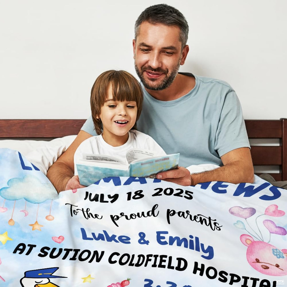 Pastel stork nursery milestone blanket draped comfortably during quiet family storytime reading.