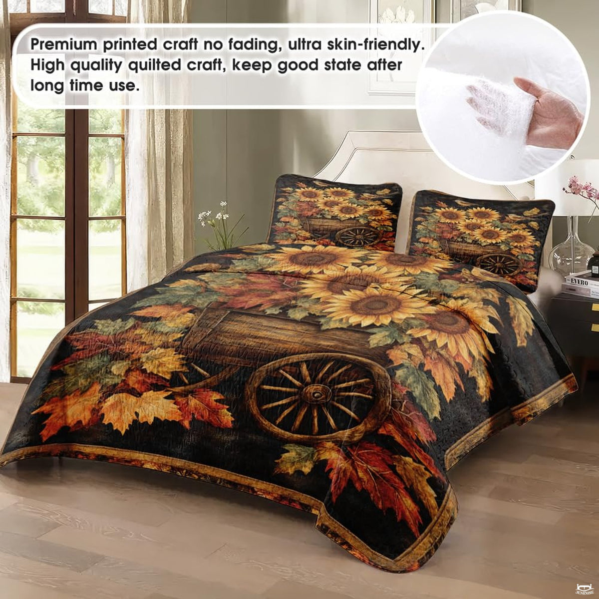 Close-up detail of pumpkin patchwork bedding displaying stylized botanical leaves and cinnamon brown graphic accents.