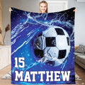 Soccer blanket held up showcasing electric blue water splash soccer ball graphic
