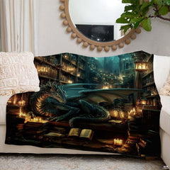 Rich mahogany bookshelves and glowing lantern art featured on dark fantasy inspired bedding in a thematic accent bedroom...