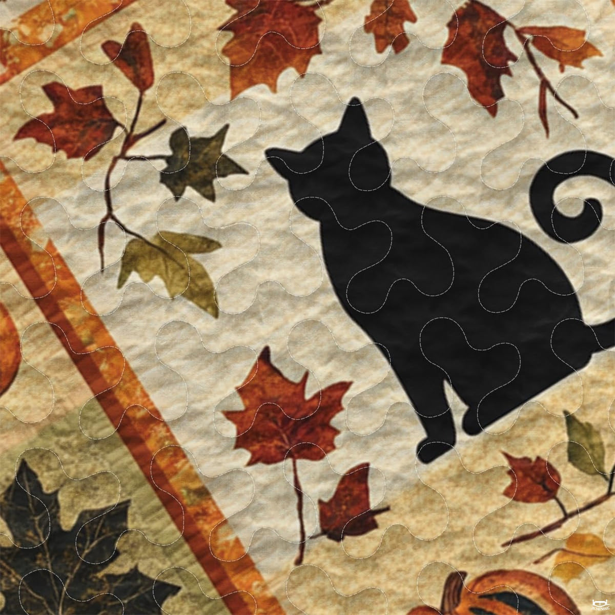 Close-up perspective of autumn bedding showing detailed pumpkin illustrations and crisp fall leaf prints