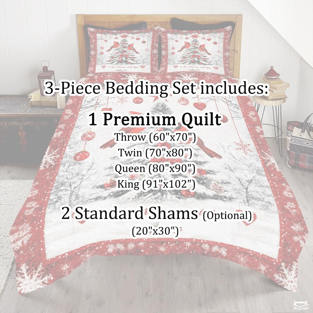 Cardinals Perched Beside Decorated Christmas Tree Patchwork Winter Quilt