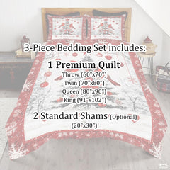 Cardinals Perched Beside Decorated Christmas Tree Patchwork Winter Quilt