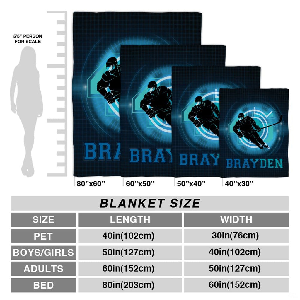Size proportion chart illustrating available dimensions of the hockey sports throw blanket.