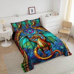 Close-up view of dragon bedding showcasing majestic winged creature artwork and vibrant cyan tones