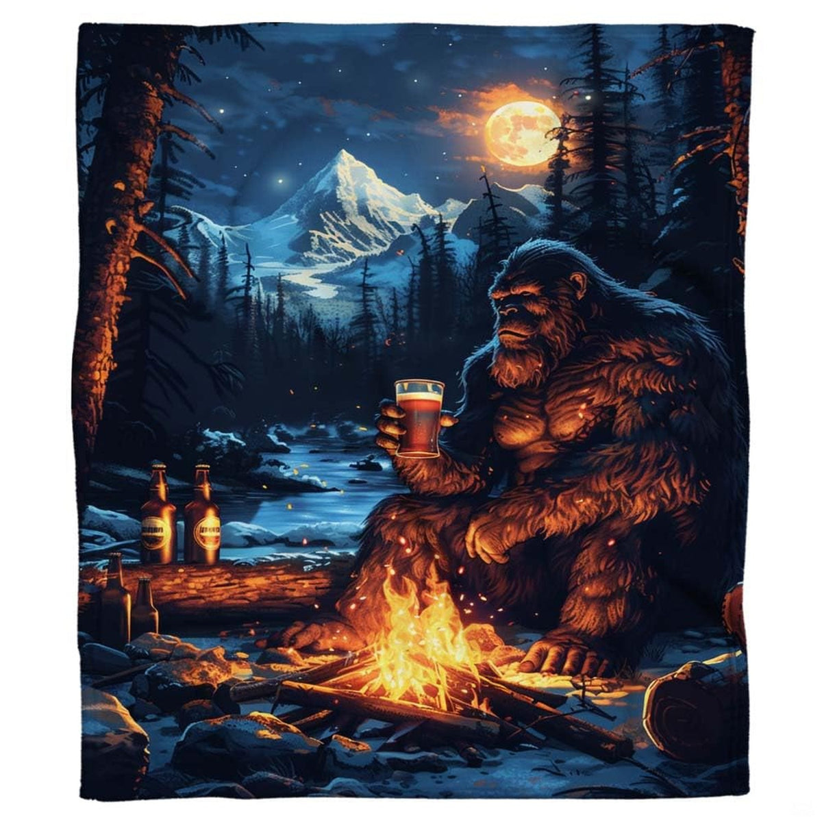 Full display of Bigfoot campfire beer mountain throw blanket laid flat on light wooden floor