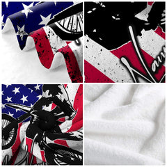 Dirt bike rider silhouette jumping over distressed American flag stars and stripes, view 5.