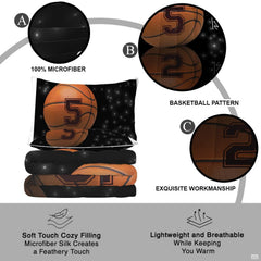 Overhead perspective of basketball bedding arranged neatly across a modern bedroom mattress