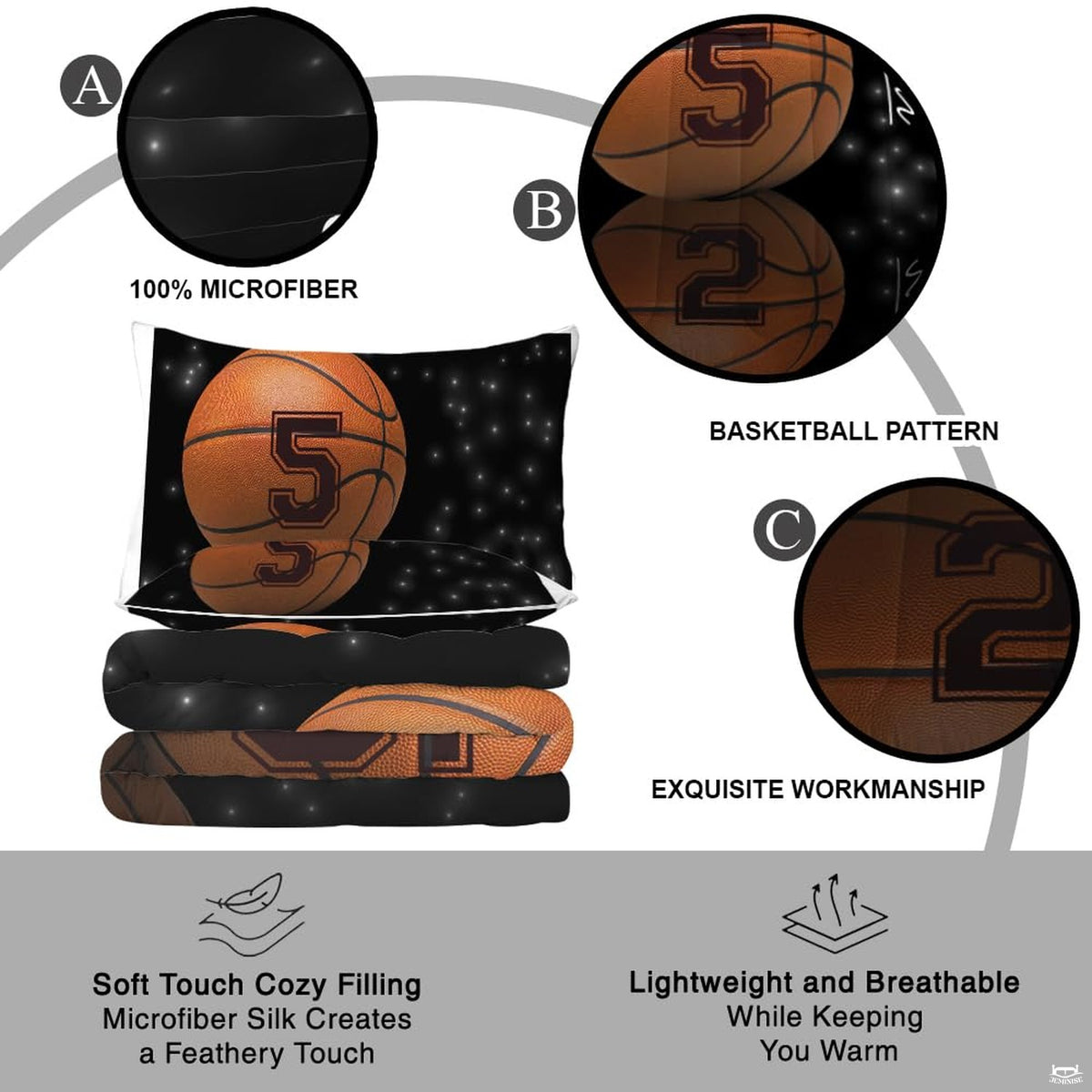 Overhead perspective of basketball bedding arranged neatly across a modern bedroom mattress