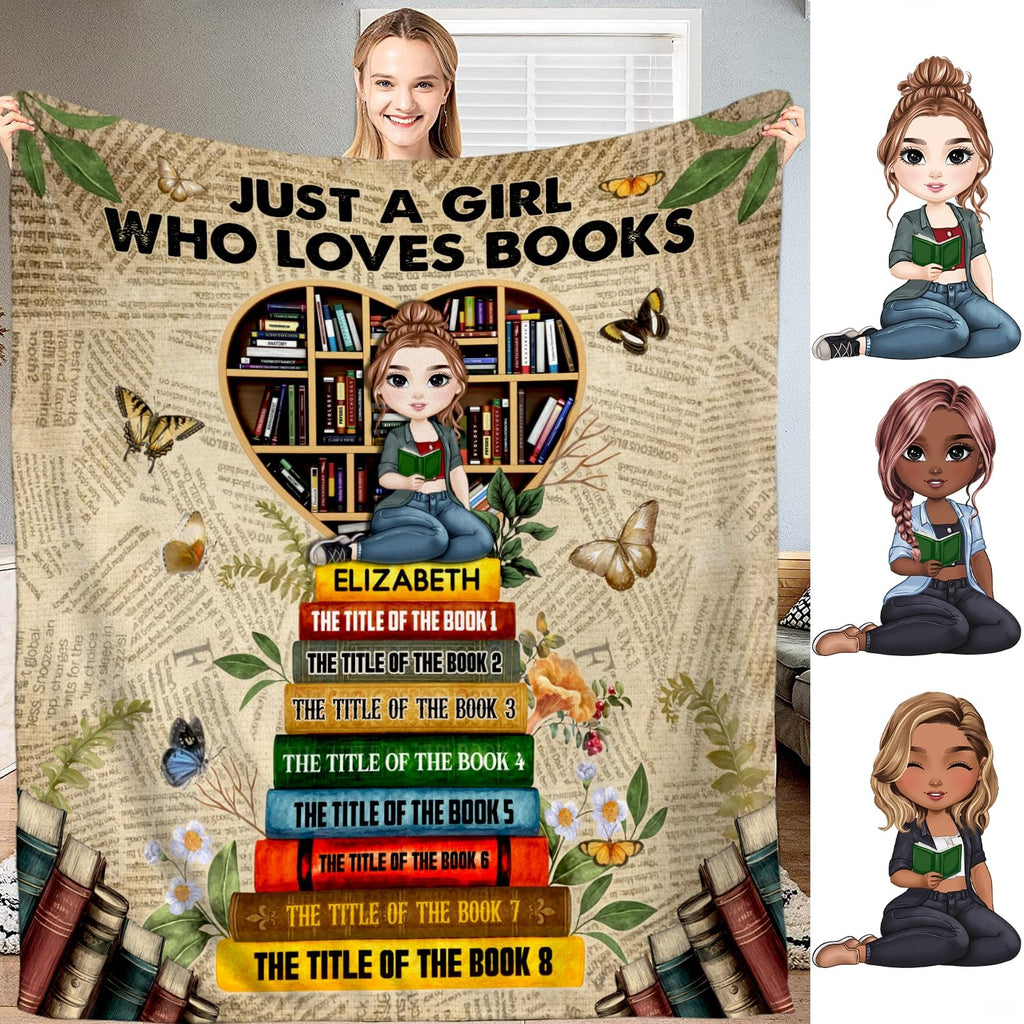Personalized Reading Girl on Heart Bookshelf Throw Blanket - Book