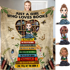 Personalized Reading Girl on Heart Bookshelf Throw Blanket - Book