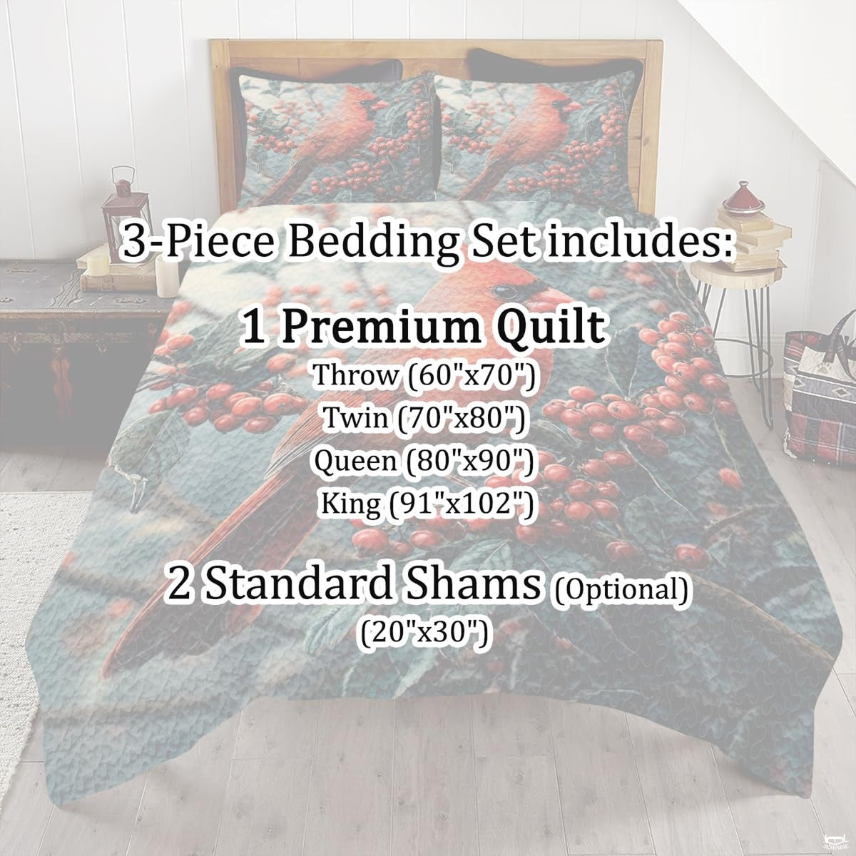 Full room setting featuring crimson cardinal bedding as the centerpiece of a nature inspired bedroom