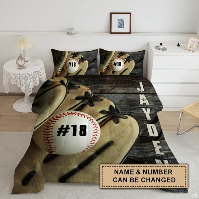 Detailed visual motif of baseball seam graphics and antique thematic accent mitt styling for vintage baseball bedroom decor.