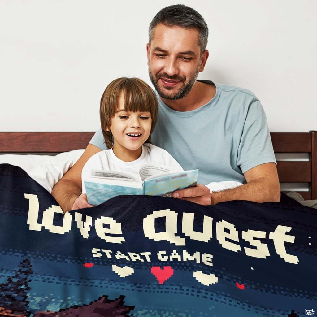 8-bit pixel art couple in RPG village with pixel hearts and retro typography, view 7.