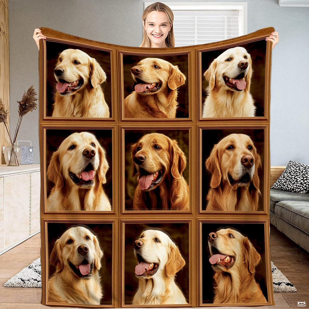 Golden retriever bedding set featuring nine canine portraits in trompe-l'œil wooden picture frames.