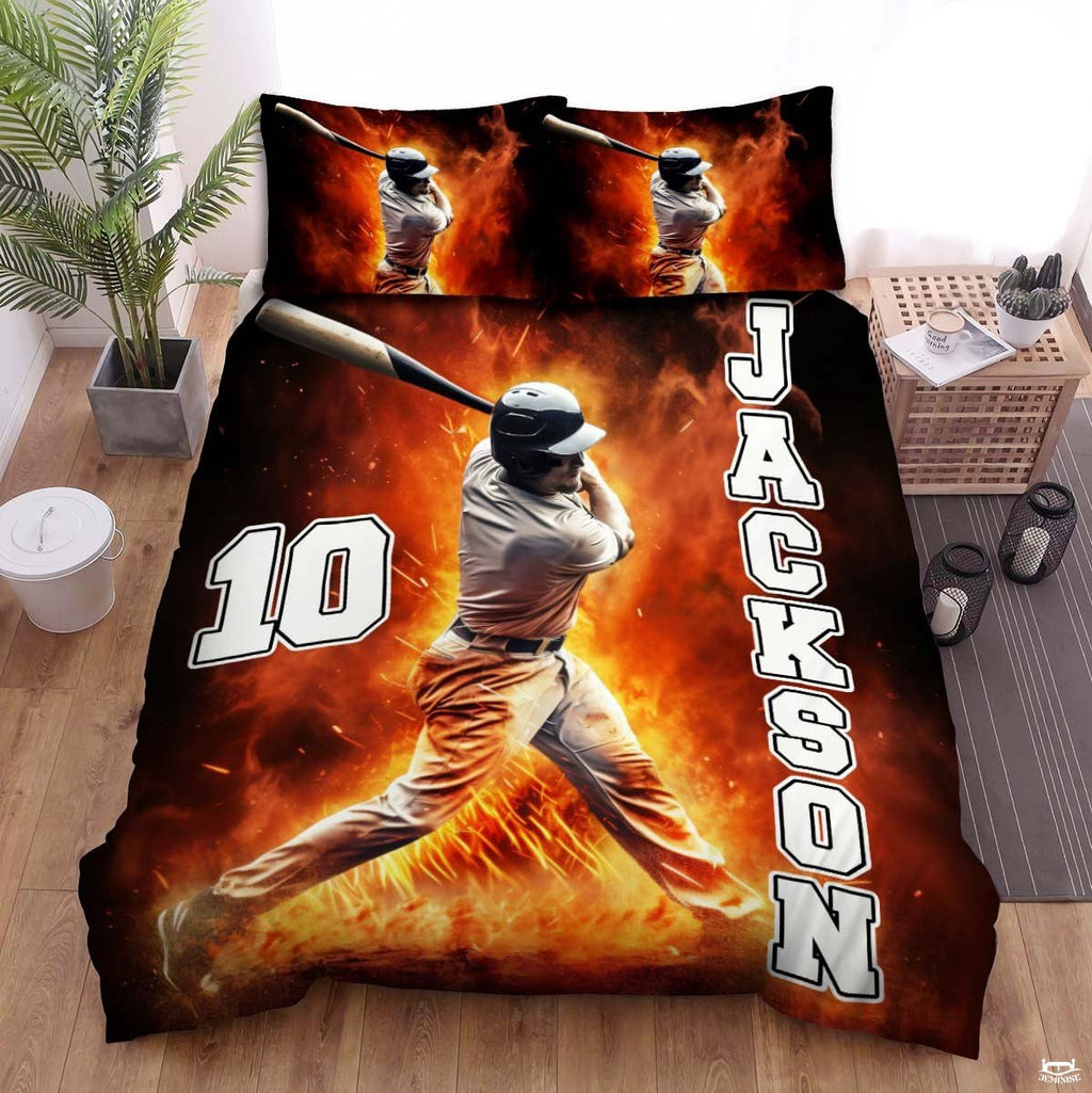 Personalized Baseball Bedding Full Size Flag Custom Name Duvet Cover Set Sport Decor Sports Comforter Bed Set (Fire Baseball Player)