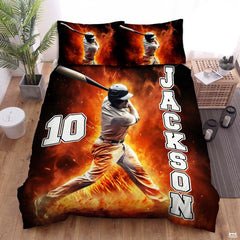 Personalized Baseball Bedding Full Size Flag Custom Name Duvet Cover Set Sport Decor Sports Comforter Bed Set (Fire Baseball Player)