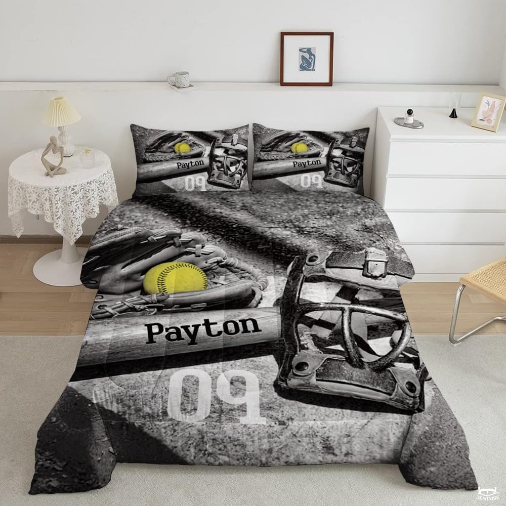 Softball Bedding Set for Girls & Women – Bright Teal Yellow Sports Theme Comforter Set for Softball Lovers, Decorative Bed Set Available in Twin, Queen, King Sizes