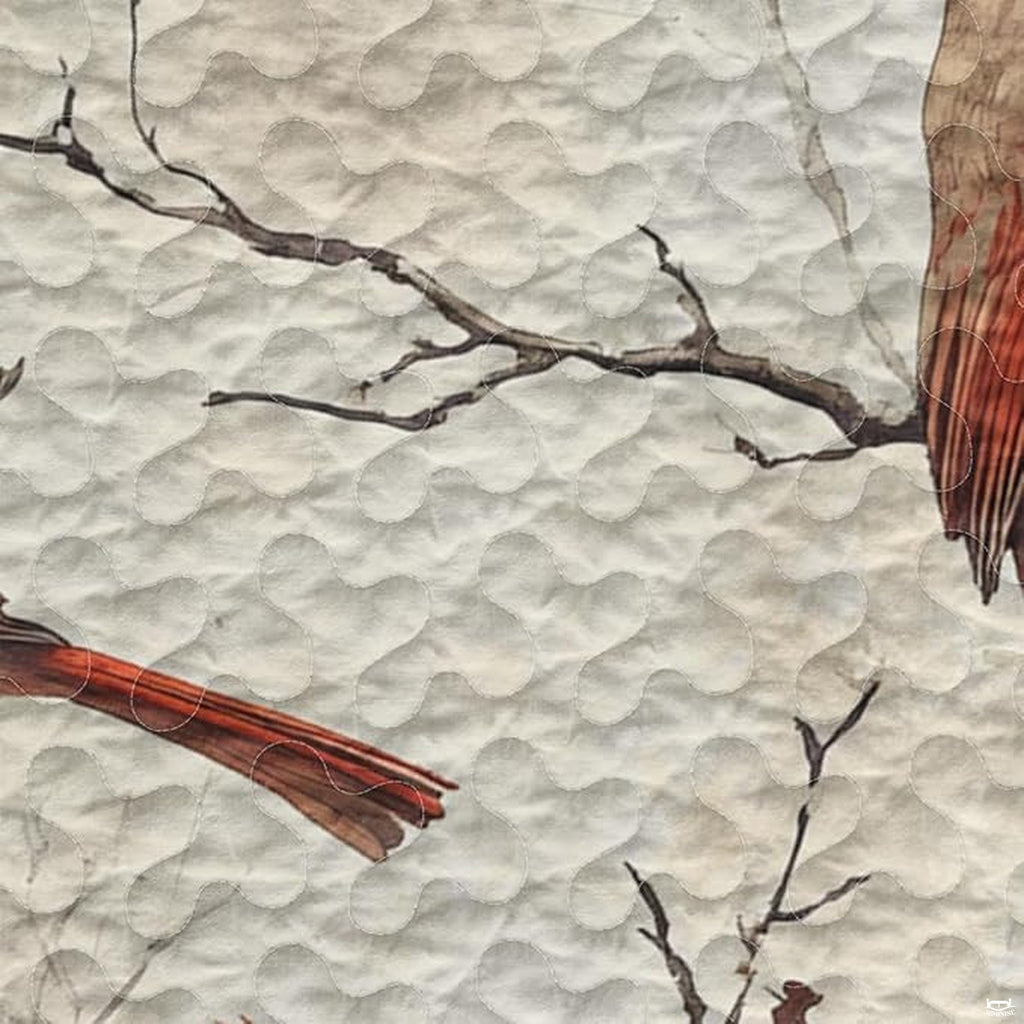 Close-up perspective of cardinal bedding highlighting scarlet songbird plumage, birch boughs, and pine needles