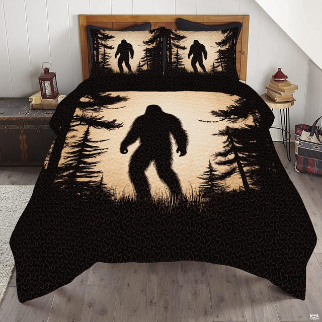 Golden wheat Bigfoot Sasquatch woodland bedding set displayed on a bed in a rustic timber bedroom