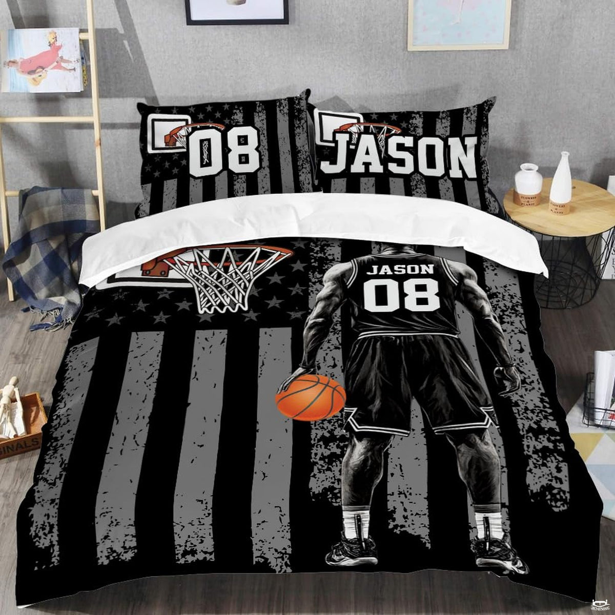 Close-up perspective of basketball bedding showing detailed orange basketball and hoop netting graphics