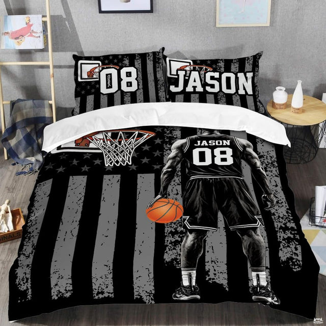 Close-up perspective of basketball bedding showing detailed orange basketball and hoop netting graphics
