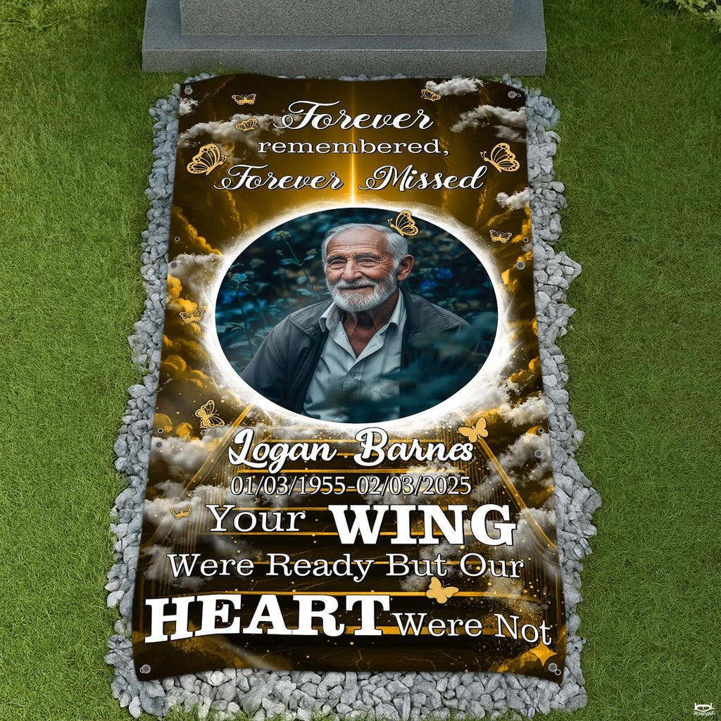 Memorial tribute bedding showcasing angelic imagery, heavenly clouds, and gentle celestial light rays.