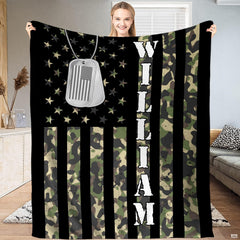Camo American flag bedding set featuring olive camouflage stripes, stars, and military dog tag artwork.