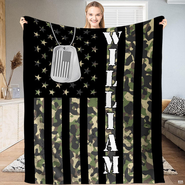 Camo American flag bedding set featuring olive camouflage stripes, stars, and military dog tag artwork.