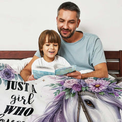 Folded corner presentation of purple floral horse portrait blanket showing crisp details