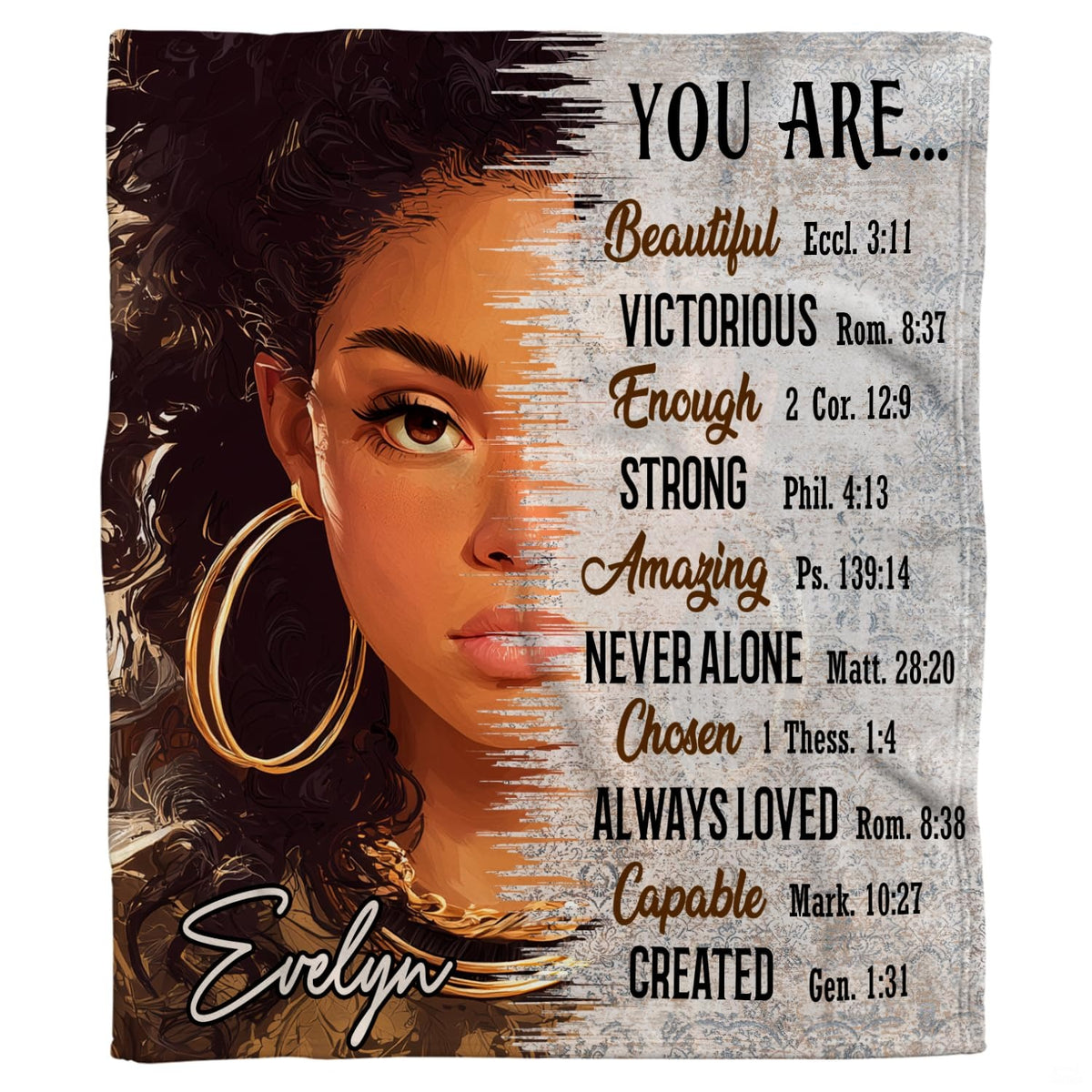 Close-up of woman portrait, golden hoop earrings, and scripture typography.