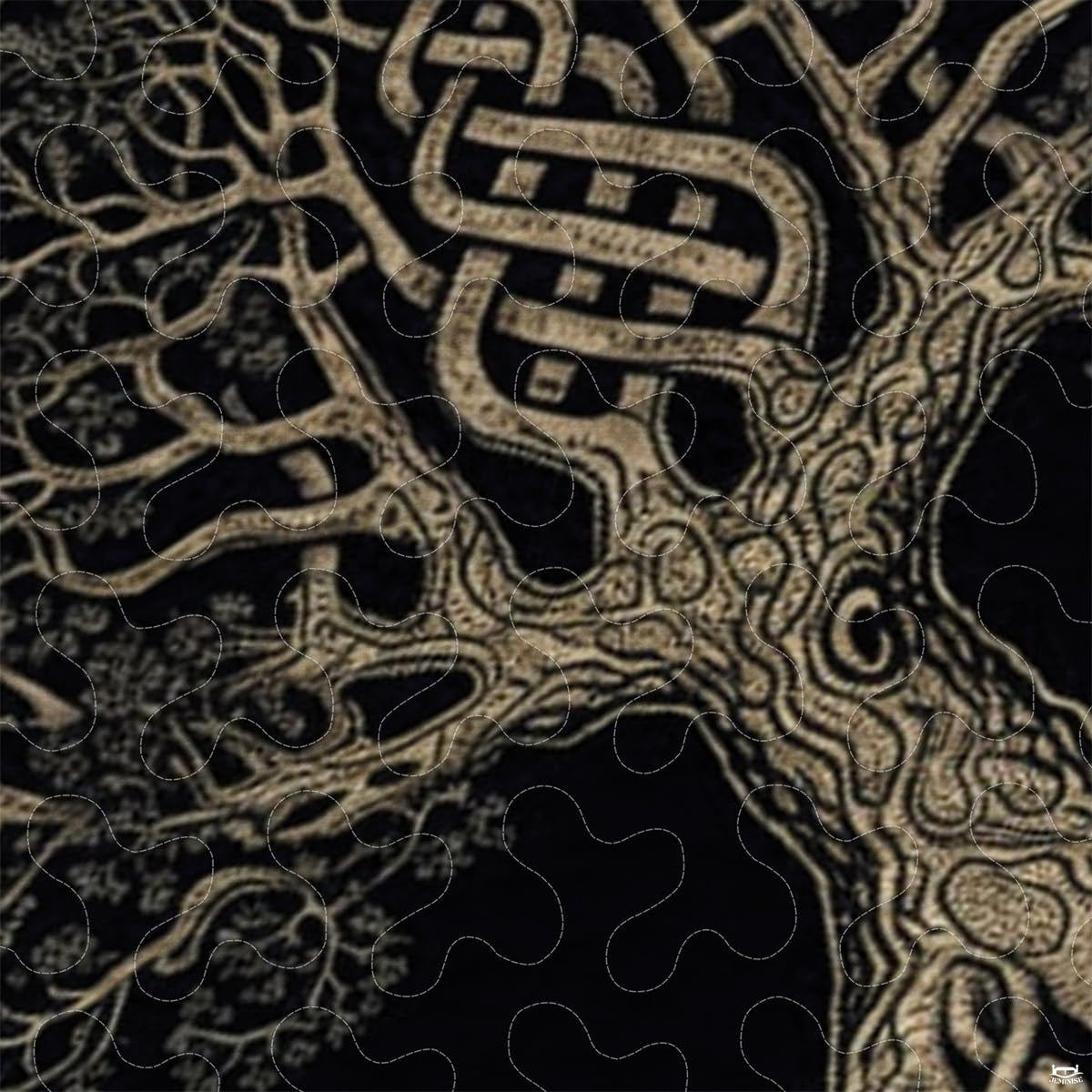 Close-up perspective of Celtic bedding detailing interwoven trunk knots, spreading roots, and gold linework