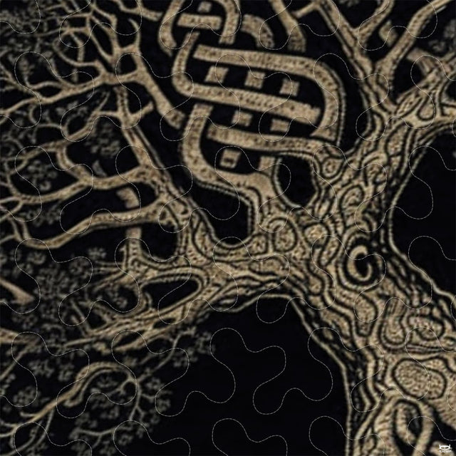 Close-up perspective of Celtic bedding detailing interwoven trunk knots, spreading roots, and gold linework