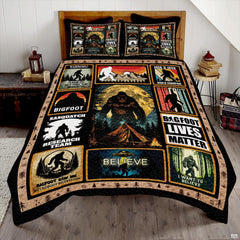 Cabin bedding set featuring a collage of mythical forest creature artwork, pine trees, and a glowing full moon