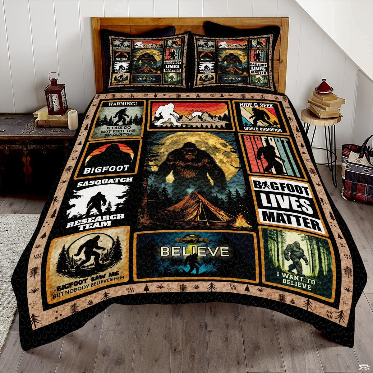 Cabin bedding set featuring a collage of mythical forest creature artwork, pine trees, and a glowing full moon