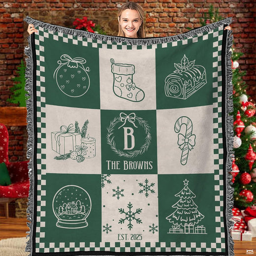 Festive holiday patchwork Christmas bedding set displayed in a beautifully styled winter bedroom.